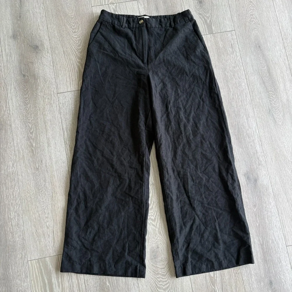 H&M Womens Black High Rise Relaxed Fit Linen Blend Wide Leg Trouser Pants Sz 10